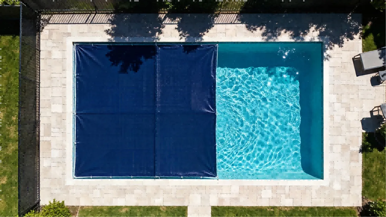 Top-down view of a pool with half the surface protected by a solar cover and the other half exposed to direct sunlight Top-down view of a pool with half the surface protected by a solar cover and the other half exposed to direct sunlight