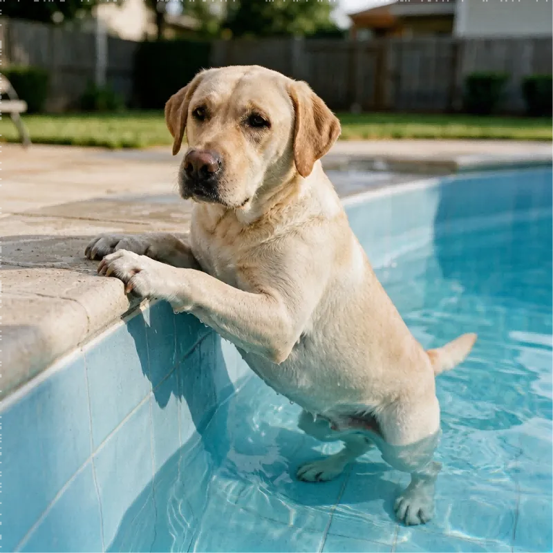 A large Labrador with front paws on the pool coping and rear legs pressing against the vinyl pool wall A large Labrador with front paws on the pool coping and rear legs pressing against the vinyl pool wall